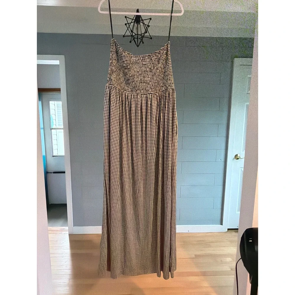 Tory Burch Silk Cotton Polka Dot Smocked Strapless Maxi Dress Navy Cream XL